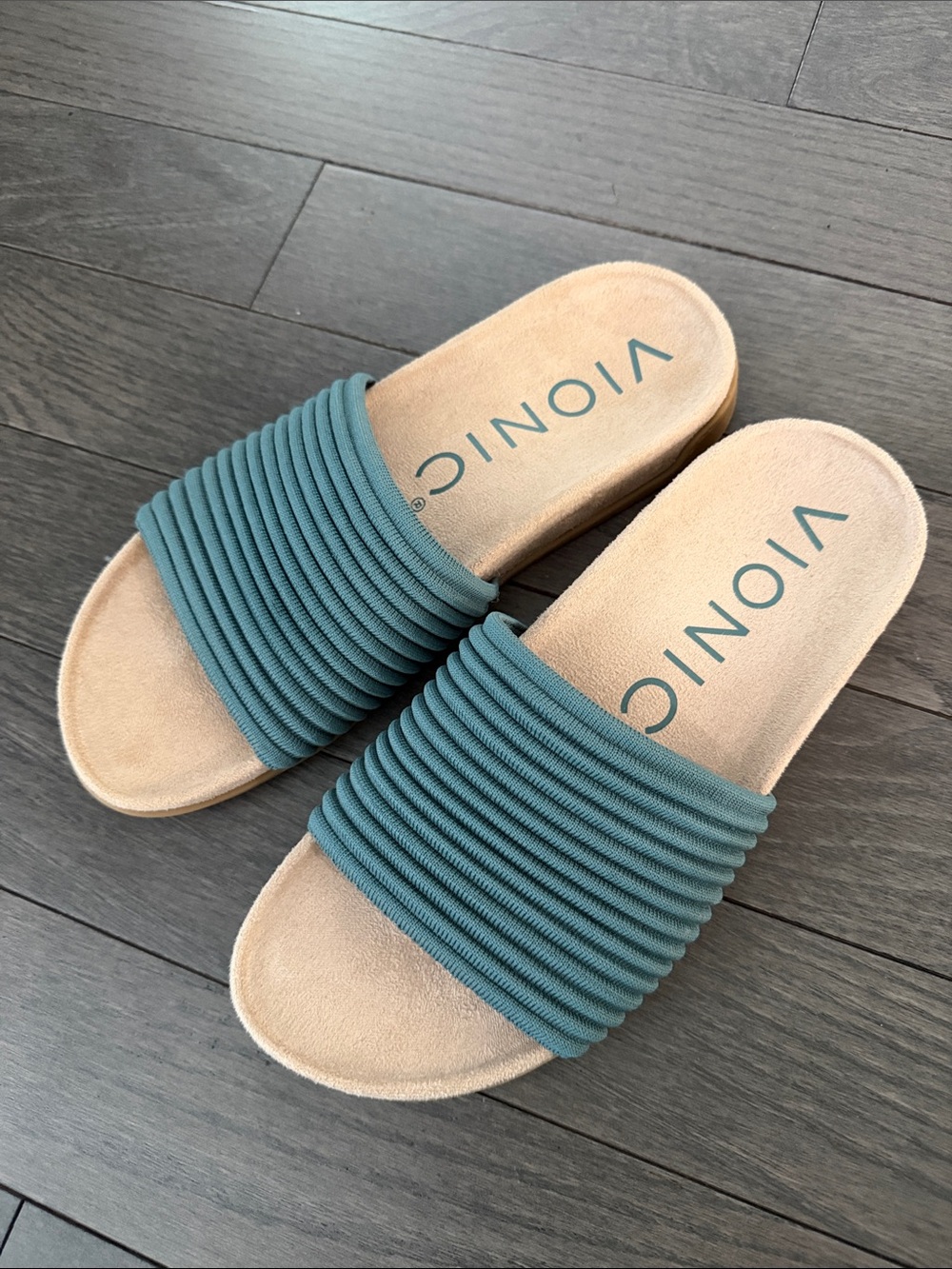 Vionic Teal Ribbed Slide Sandals - Women's Casual Slides